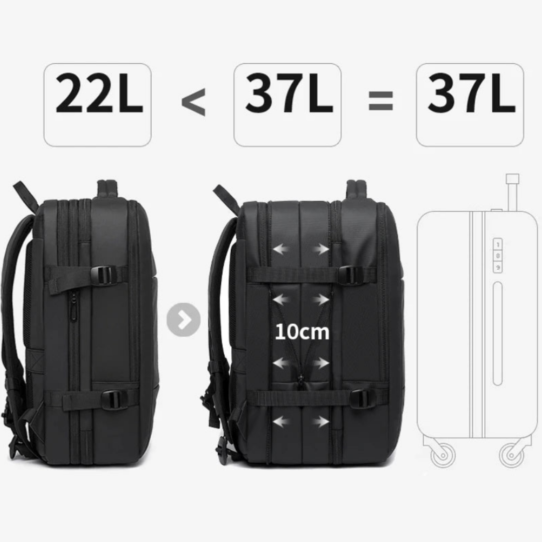 Mochila de viaje extensible 22L→37L | USB, impermeable, 17,3"