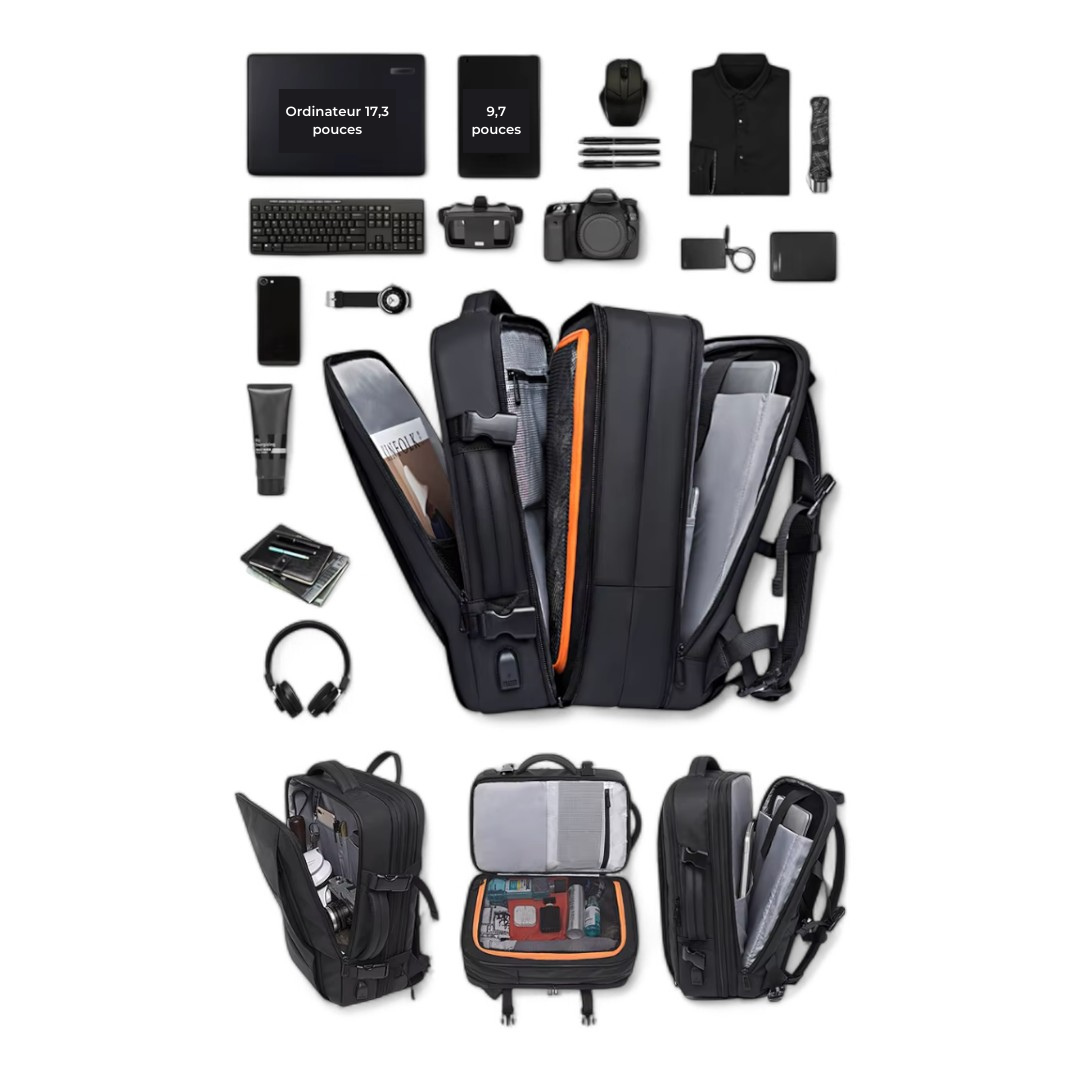 Mochila de viaje extensible 22L→37L | USB, impermeable, 17,3"