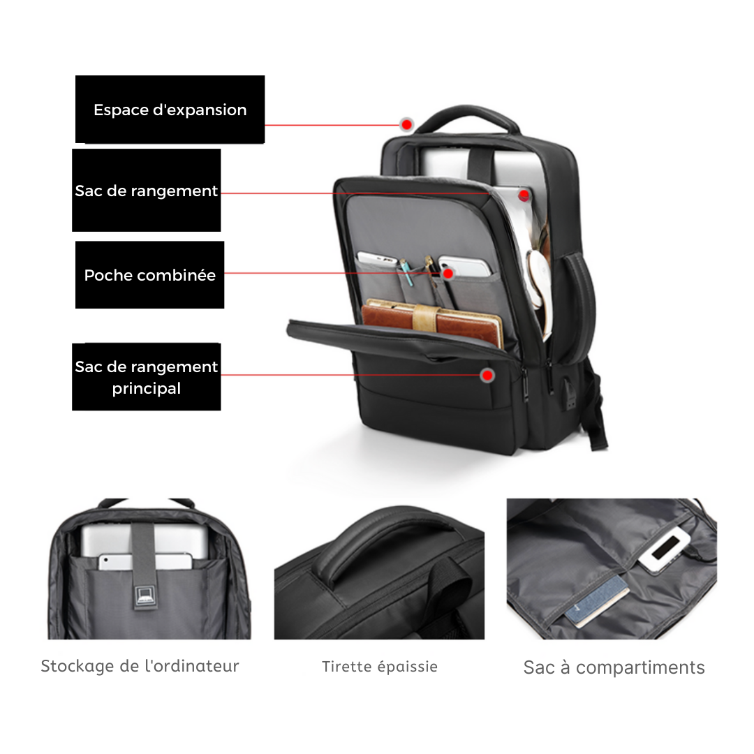 Mochila de viaje extensible negra 20-30L, para portátil 15,6”