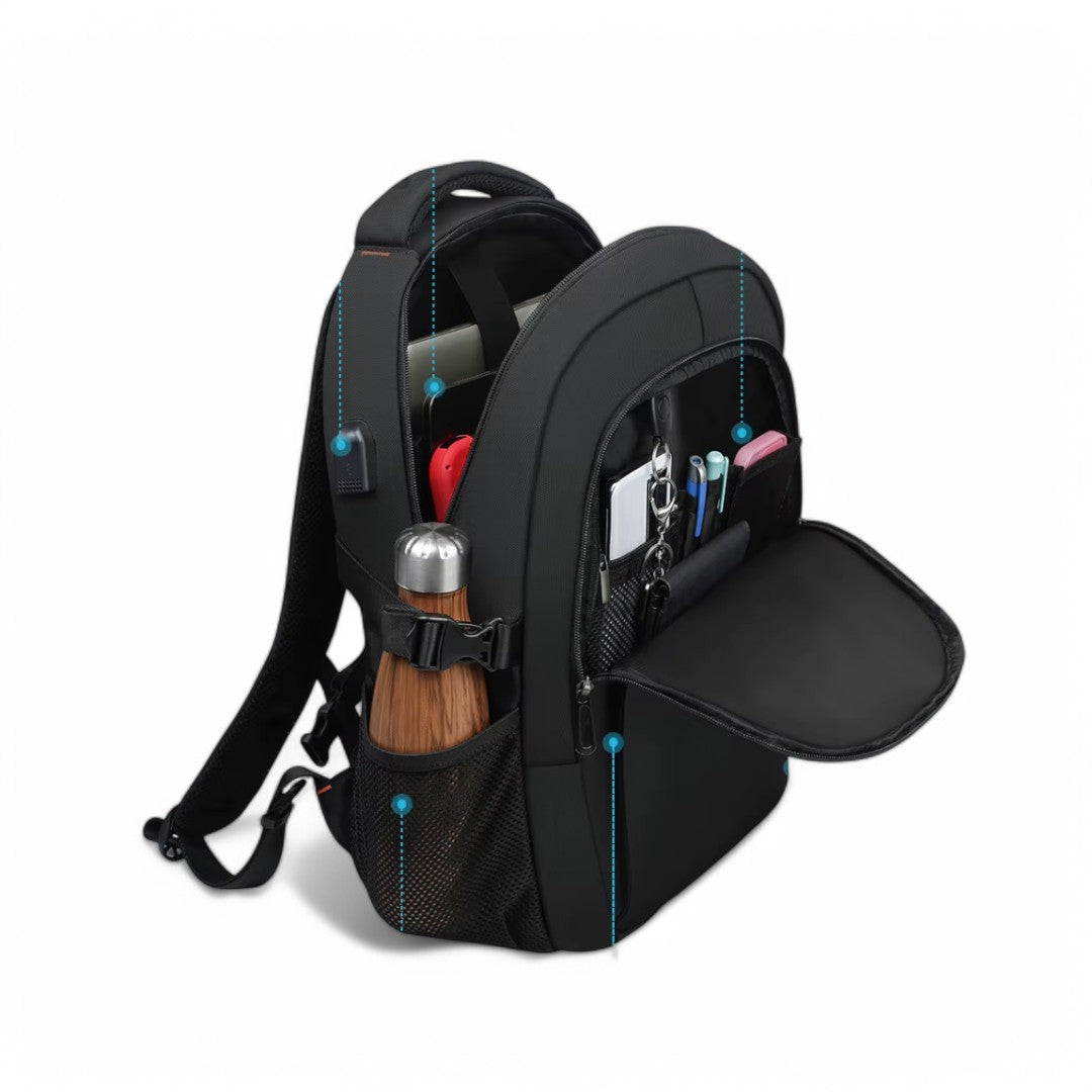 Mochila impermeable negra de 30L, ideal para viajes y avión