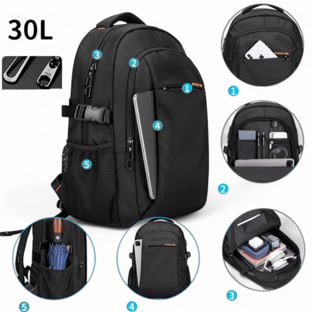 Mochila impermeable negra de 30L, ideal para viajes y avión