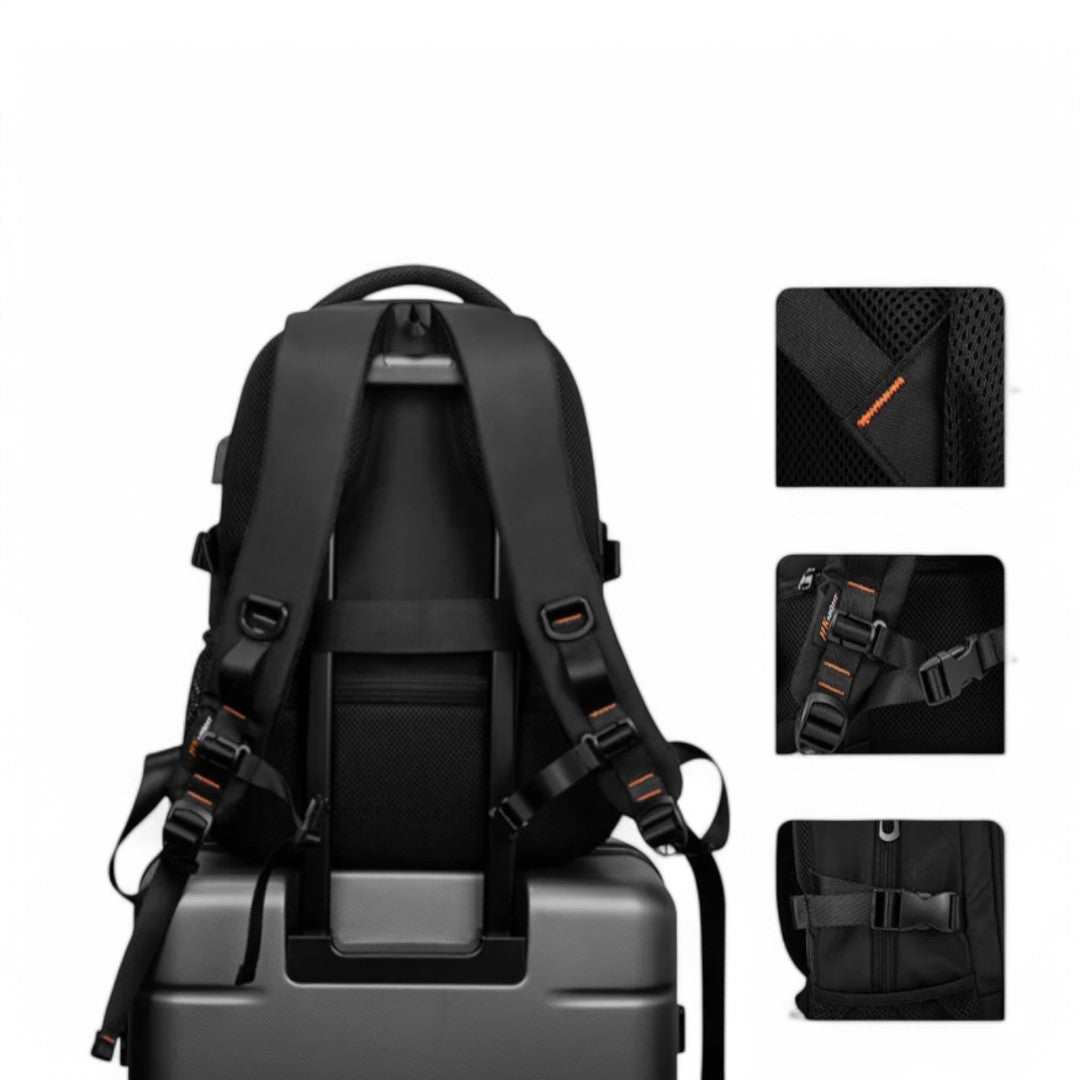 Mochila impermeable negra de 30L, ideal para viajes y avión